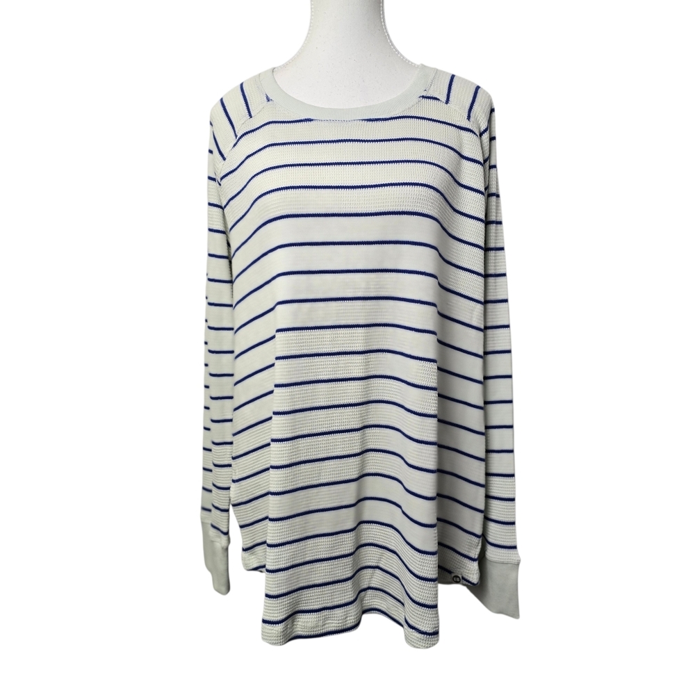 Eddie Bauer Navy & White Striped Crewneck Waffle Knit Long Sleeve Sz TL
